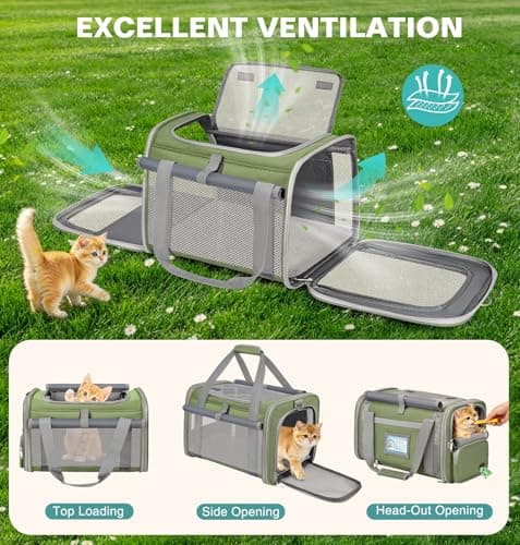 BTNEEU Soft Sided Cat Carrier Bag Airline Approved Large Pet Carrier Portable Dog Carrier Ventilated Foldable Pet Travel Carriers Bag For Cats With Shoulder Strap & Washable Mat (Grass Green) — view 6