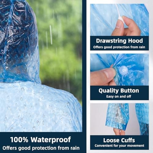 TonJin 1 Pack Rain Ponchos for Adults Reusable, New upgraded Thickened EVA Travel Raincoat Jacket with Hoods and Sleeves, 3D Blue Waterproof Capes Ponchos for Men Women Outdoor Hiking Camping — view 3