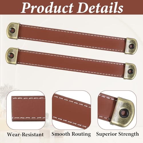 Larrel 2 Pcs Leather Drawer Pulls, Brown Leather Strap Handles with 4 Pcs Mounting Screws, Lightweight Leathers Luggage Handle for Trunk Suitcase Luggage Dresser Door — view 3