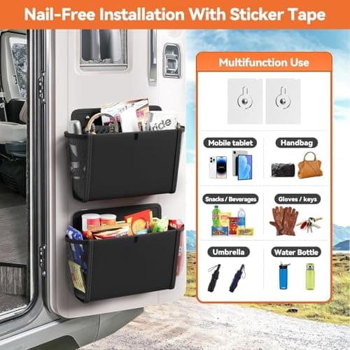 Etomvoop 2pc Campervan Door Storage Organizer Wall Mounted Hanging Bag with Large Pockets Organiser Solutions for RV Van Motorhome Camper Kitchen Office Camping Accessories Black Basket — view 2