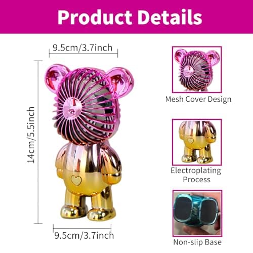 Generic Handheld Mini USB Rechargeable Desk Fan - Portable Personal Bear Fan with 3 Speeds for Home, Office, Travel, Summer, Kids - Gold — view 5