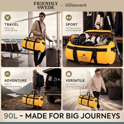 The Friendly Swede Water-Resistant Duffle Bag Backpack, 500D PVC,90L Yellow — view 6