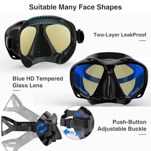 Snorkeling Gear for Adults, Snorkel Mask With Mirrored Tempered Glass Lens 180° Wide View Anti-Fog Scuba Diving Mask, Professional Snorkel Set for Swimming Diving (Black) — view 4