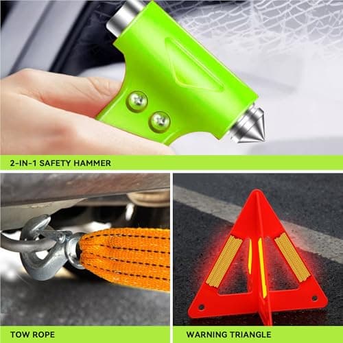 Car Emergency Kit for New Drivers | Essential Roadside Tools with Jump Leads, Tow Rope, Safety Hammer, Warning Triangle & Mini First Aid Kit (Bright Green) — view 6