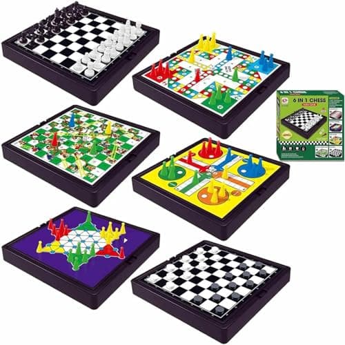 Saijer Mini Games, 6-in-1 Travel Games Snakes and Ladders for Kids Travel Board Games Set Kids Chess Set Pocket Game Portable Mini Magnetic Board Game for Party