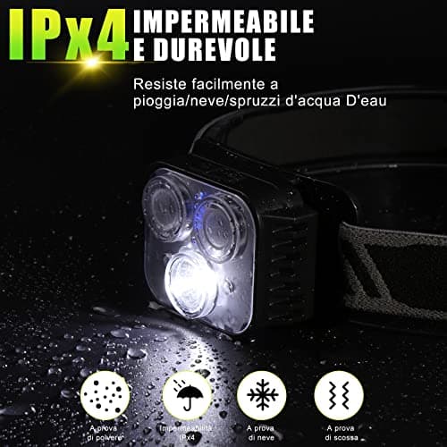 Vinabo Head Torch Rechargeable, LED Headlamp with Red Warning Lights, Camping Headlight with Sensor Control, 6 Light Modes, IPX4 Waterproof for Fishing, Camping, Hiking, Cycling, Running — view 3