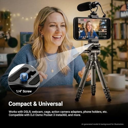 NEEWRE Carbon Fiber Desktop Mini Tripod for Camera, Tabletop Portable Travel Tripod with Video Fluid Head, QR Plate for TikTok DSLR Action Camera Video Recording Streaming, Max Load 6.6lb/3kg, TP10 — view 6