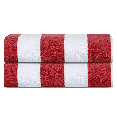 SweetNeedle Beach Towels for Adults Pack of 2 - Red White Cabana Striped Classic - 100% Cotton Terry Ringspun Pool Towel, Quick Dry, Super Absorbent Swimming large towel, 76 x 152 cm