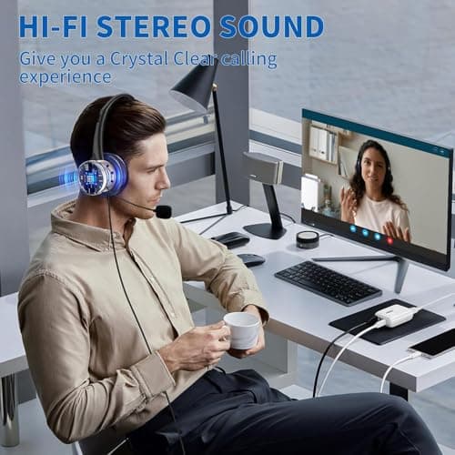 LINNIW USB Headset with Microphone for PC Laptop, 3 in 1 Wired Headphones with Noise Cancelling Mic & Audio Controls, Adjustable Headset for Office, Call Center, Online Classes, Teams, Zoom, Skype — view 2