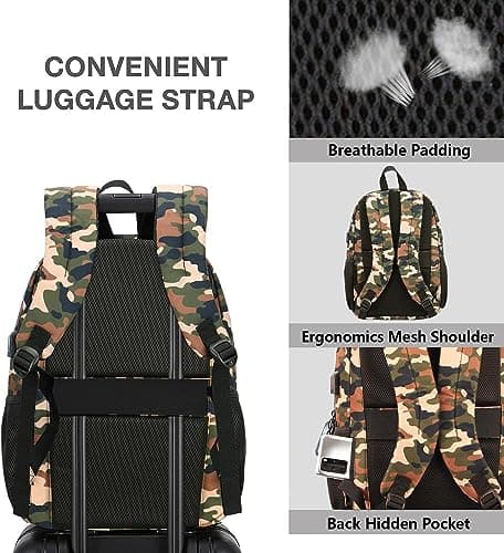 KEOFID classic carry-on travel backpack for men and women, Anti theft laptop backpack with USB charging port (Camouflage) — view 6
