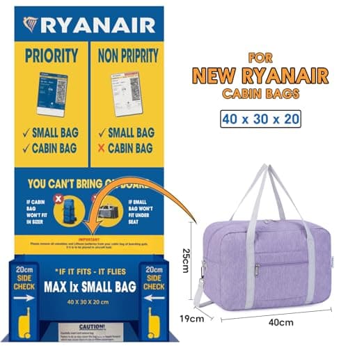 for Ryanair Airlines Underseat Cabin Bag 40X20X25 Foldable Travel Duffel Bag Holdall Tote Carry on Luggage Overnight for Women and Men 20L (Purple (with Shoulder Strap)) — view 2
