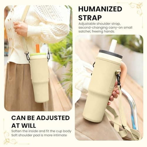 Lafefe Water Bottle Carrier Cover Bag, Stanley 40 Oz Tumbler Cup Accessories, 40OZ Bottle Bag, Adjustable Shoulder Strap and Carabiner Clip, for Mountaineering, Travel, Camping, Skin tone — view 3