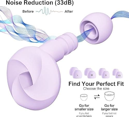 Premium Noise Cancelling Ear Plugs for Sleep, Work, Study, Travel - Soft Silicone Reusable Earplugs - NRR 25-33dB Noise Reduction - Comfortable & Portable (Purple (Premium) 1 Pair, XS, S, M, L) — view 3