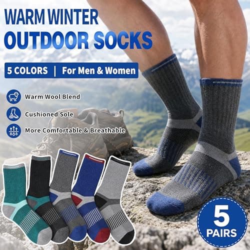 MOGGEI Merino Wool Hiking Socks for Men Thermal Warm Winter Cosy Breathable Cushioned Crew Socks for Walking Trekking Outdoor 5 Pairs, UK Shoe Size 7-11(Dark Pinstripes A) — view 5