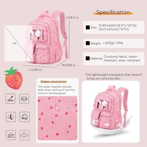 MITOWERMI Corduroy Backpack for Girls Teen School Bags for Elementary Middle School Students Kids Bookbags Girls Backpack Travel, Beige White — view 3
