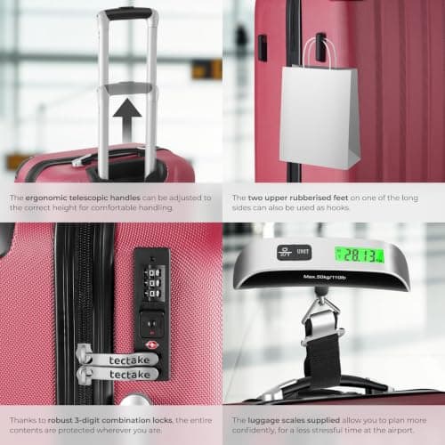 tectake® 3-Piece Hard Shell Suitcase Set in Durable & Shock-Resistant ABS with 3-Step, Telescopic Handles, Combination Locks, Smooth 360° Wheels, Luggage Scale & Tags, Dividable Interiors - Burgundy — view 4