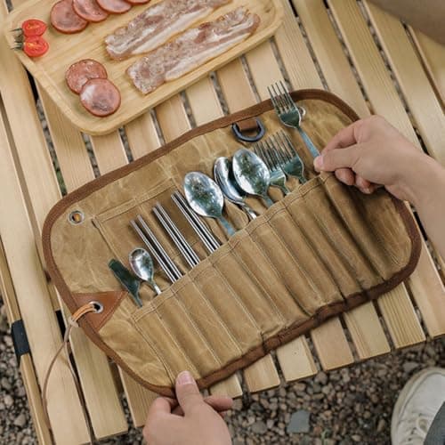Zerodeko Portable Camping Cutlery Bag Folding and Lightweight Utensils Organizer Pouch with Multi-pocket Canvas Design for Outdoor Camping and Hiking Storage — view 6