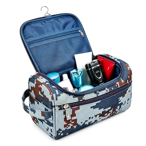 Camouflage Wash Bag for Boys Kids Men, Waterproof Toiletry Bag with Hanging Hook, Portable Travel Wash Bag for School Gym Camping Dorm Bathroom Organizer, Blue Camo 1 Pack (Camouflage M)