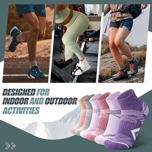 ANTSANG 6 Pairs Merino Wool Quarter Socks Running Walking Hiking Compression Support Breathable Thermal Warm Thick Cushion Ankle Unisex Socks for Women Men(3-7, Pink-Purple Series) — view 6