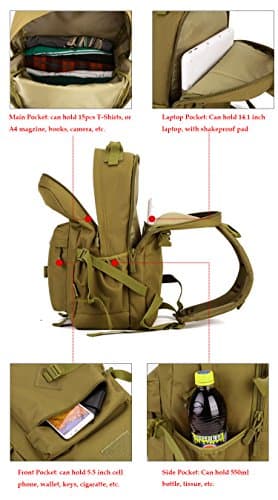 YuanWen Hiking Backpack 40L Casual Backpack Military Tactical Rucksack Waterproof Assault Pack School Bag for Men Women Camping Laptop Backpack Trekking Backpack Black — view 6