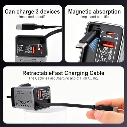 PowerTravel UK 65W USB C Charger, Retractable Cable, 3 in 1, GaN, 0.7m — view 2