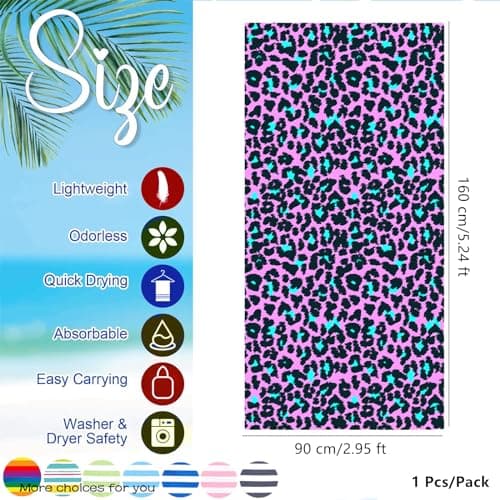 Large Microfibre Beach Towel for Adult,160x90cm Pink Leopard Print Sand Free Beach Towel,Lightweight Quick Dry Travel Swimming Towel with Bag,Compact and Thin Sports Towel Yoga Gym for Women Men — view 2