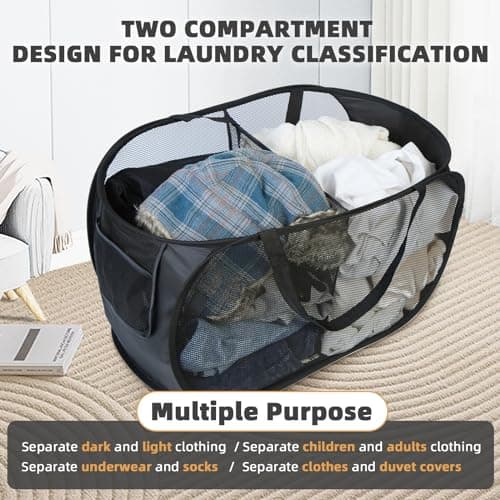 KIAYOO Collapsible Laundry Basket,Foldable Clothes Hamper 2 Compartments with Side Pocket Bag,Pop up Washing Bin Bag for Bathroom,Bedroom,College Dorm,Hotel,Travel,Black — view 4