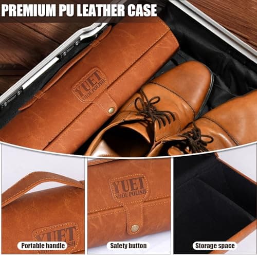 YUET Shoe Polish Kit Cleaning Shine Care Barrel Set For Brown Black Leather With Brush Travel Case Luxury Premium Soft Horsehair Bristle Dauber, Wooden Applicator, Shoehorn, Case 13Pcs (Brown) — view 6