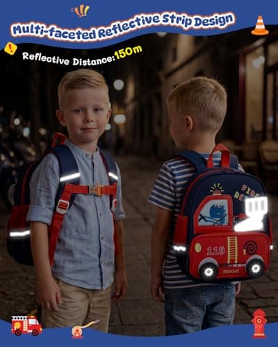PROTAURI Toddler Backpack Boys with Chest Strap, Kids Backpack 3D Fire Engine Reflective 360° Water Repellent & Lightweight, School Bags Fits DIN A4 for 2-6 Years, 10.6L, Navy Blue — view 2