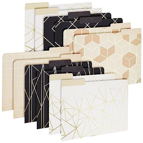Decorative File Folders, 1/3 Cut Tab, Letter Size, Gold Foil Geometric (12 Pack)