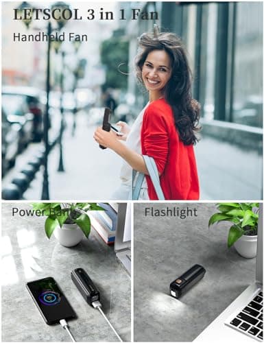 LETSCOL Handheld Mini Fan, 3 in 1 Hand Held Cooling Device, Portable and Personal with Power Bank & Flashlight, Foldable for Travel, Desk, Makeup (Black) — view 2