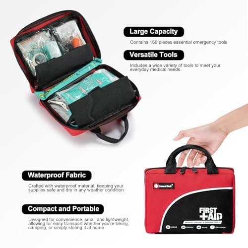 General Medi 160 Piece Premium First Aid Kit Bag - Includes Cold (Ice) Pack, Emergency Blanket for Travel, Home, Office, Car, Camping, Workplace (Red) — view 4
