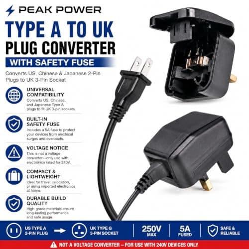 3 x Peak Power Type A to UK Plug Converter with Safety Fuse – Converts US, Chinese & Japanese 2-Pin Plugs to UK 3-Pin Socket – 250V 5A Fused Plug Adapter – Not a Voltage Converter (3) — view 2