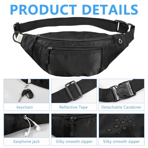 Bum Bag Crossbody Fanny Pack for Ladies Men Women Oxford Cloth Waterproof Waist Bag with Hidden Zipper Pockets Adjustable Strap for Sport Running Hiking Jogging Travel(Black) — view 4