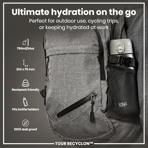ION8 Sports Water Bottle, 750 ml/24 oz, Leak Proof, Easy to Open, Secure Lock, Dishwasher Safe, BPA Free, Flip Cover, Carry Handle, Soft Touch Contoured Grip, Easy Clean, Odour Free, Grey — view 2