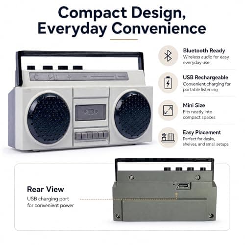 Anomat Retro Mini Bluetooth Speaker, USB Rechargeable, Grey — view 2