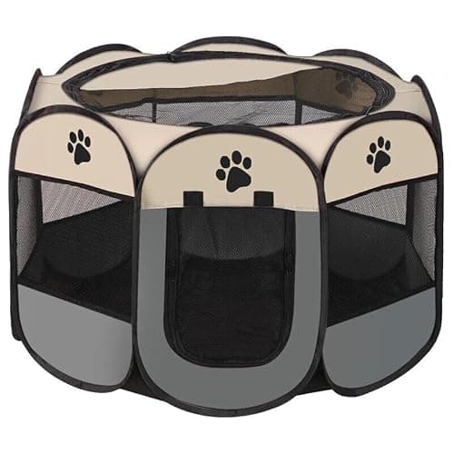 GA COMMUNICATIONS Portable Pet Playpen, Foldable Dog Cat Cage Indoor Puppy Play Pen, Breathable Mesh Pet Carrier Kennel Soft Tent For Large Dogs Travel Puppies Playpens (Grey/Beige, 91 * 91 * 58 cm)