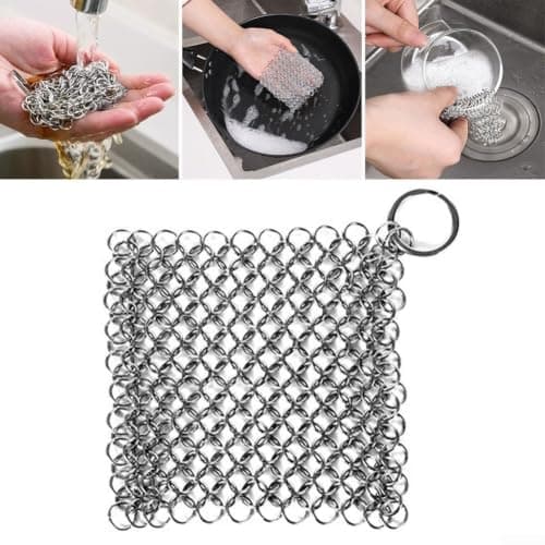 Stainless Steel Scrubber 10cm Cast Iron Cleaner Handmade Ring Chain Scrubber for Pans Non-Scratch Lightweight Metal Pot Cleaner for Camping Travel Use 10x10cm Stainless Steel Scourer for Baking Sheets — view 5
