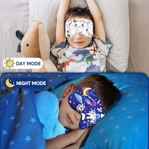TeTupGa Blackout Kids Sleep Mask for Boys，2 Pack Silk Eye Mask for Sleeping with Adjustable Strap, Teens Children's Bedtime Eye Cover for Travel & Home Use (2 Pack Space Style) — view 6