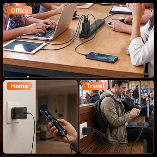 USB C Plug Fast Charge, 85W 3-Port GaN Fast Charging Plug with USB C to C & USB to USB C Cable 2M, Multiport PD Type C Charger Plug for MacBook Pro/iPhone 17 16 15 Pro Max/iPad/Samsung Galaxy,Black — view 6