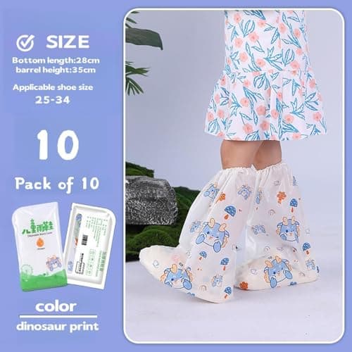 HUANYO Disposable Kids Rain Boot Covers - 5 Pairs Children's Waterproof Shoe Covers, Fun Printed Patterns, Perfect for School, Outdoor Play, Puddle Jumping - One Size Fits Most (Dinosaurs) — view 2