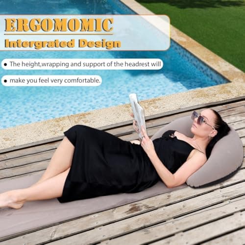 Inflatable Beach Mat Lounge Chair, Outdoor Sunbathing Sleeping Pad with Inflatable Pillow, Portable Flocking Beach Lounge Chair, Suitable for Lawn, Outdoor Camping, Travel, Beach Vacation (Khaki) — view 2