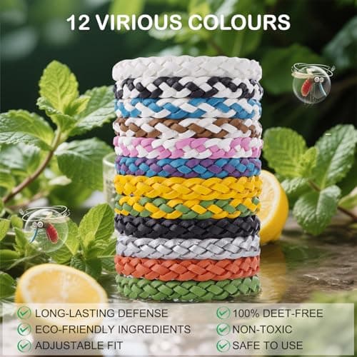 Mosquito Repellent Bracelet 12 Pack Adjustable Leather Band + 60 Patches Natural Insect Repellent Stickers, DEET-Free Outdoor Insect Repeller Bracelets for Adults Kids Family Travel — view 3