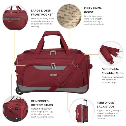 Rocklands® Lightweight Wheeled Holdall Small Duffle Trolley Suitcase Thick Heavy-Duty Cross Nylon EVA-Backed Front, Hard Base Carry On Travel Bag (Small - 20" (H52xW32xD30 cm), Burgundy) — view 3