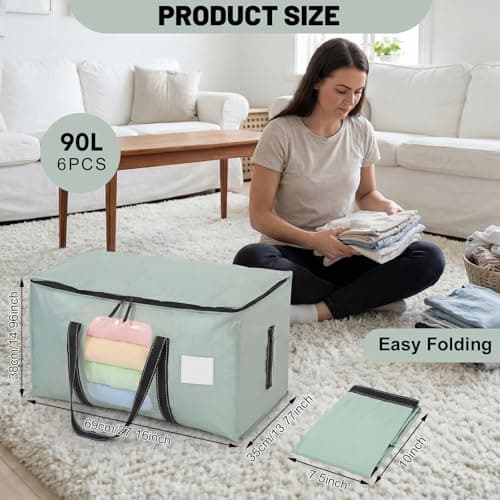 6 Pack 90L Moving Bags Clothes Storage Bags with View Window for Dorm,Green — view 2