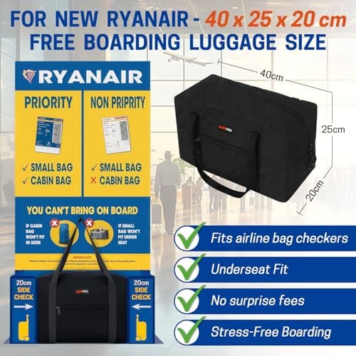 Ryanair Cabin Bag 40x20x25 cm - Foldable & Water-Resistant Underseat Carry On Luggage Holdall for Ryanair & Other Flights | 20L Travel Duffel Overnight Bag for Women & Men (Black) — view 2