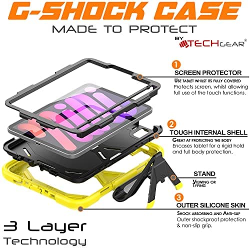 TECHGEAR G-SHOCK Case for iPad Mini 7 2024 & Mini 6 2021 (7th & 6th Gen) - Tough, Heavy Duty Armour, Shockproof with Stand - Kids, Schools, Builders, Restaurant - YELLOW — view 5