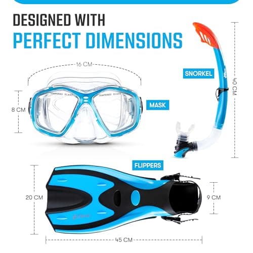 Two Bare Feet Snorkel, Mask and Fins/Flippers PVC Snorkelling Set (Adults) With Anti Fog and Wide View Mask, Anti-Leak, Tempered Glass - Scuba Dive Snorkelling Sets (L/XL (UK9-13), Aqua) — view 5