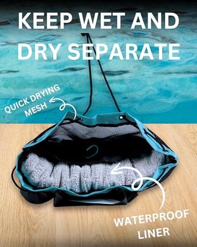 JIMJOOS Drawstring Mesh Swimming Bag - 25L Waterproof Swim Bag with Wet/Dry Compartment, Multifunctional Sports Backpack for Kids, Adults, Swimming, Surfing, Beach, Gym (Sky Blue) — view 2