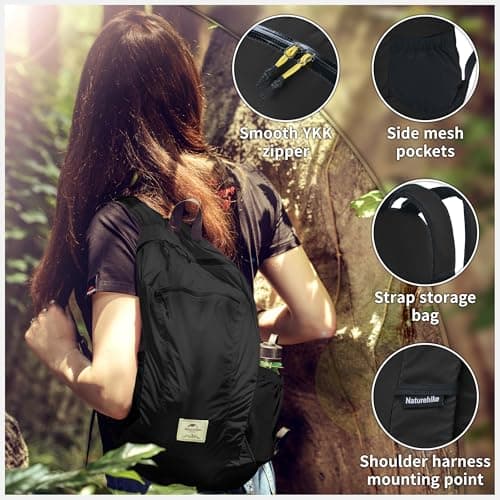 Naturehike 25L Packable Backpack - 230g Ultra Lightweight Foldable Daypack, PU2000mm Waterproof 30D Nylon Compact Hiking Rucksack for Travel, Cycling & Hiking(Black) — view 3